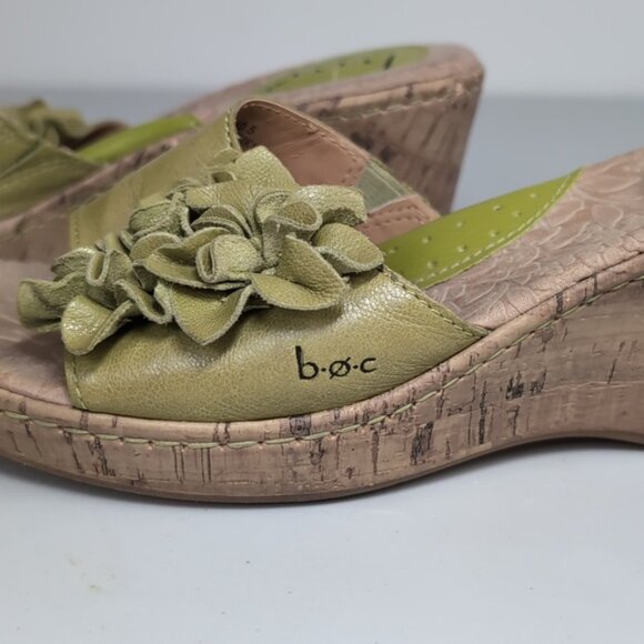 b.o.c. Leather Wedge Sandals Cork Platform Flower Arch Support Green Shoes 9 - Picture 6 of 14